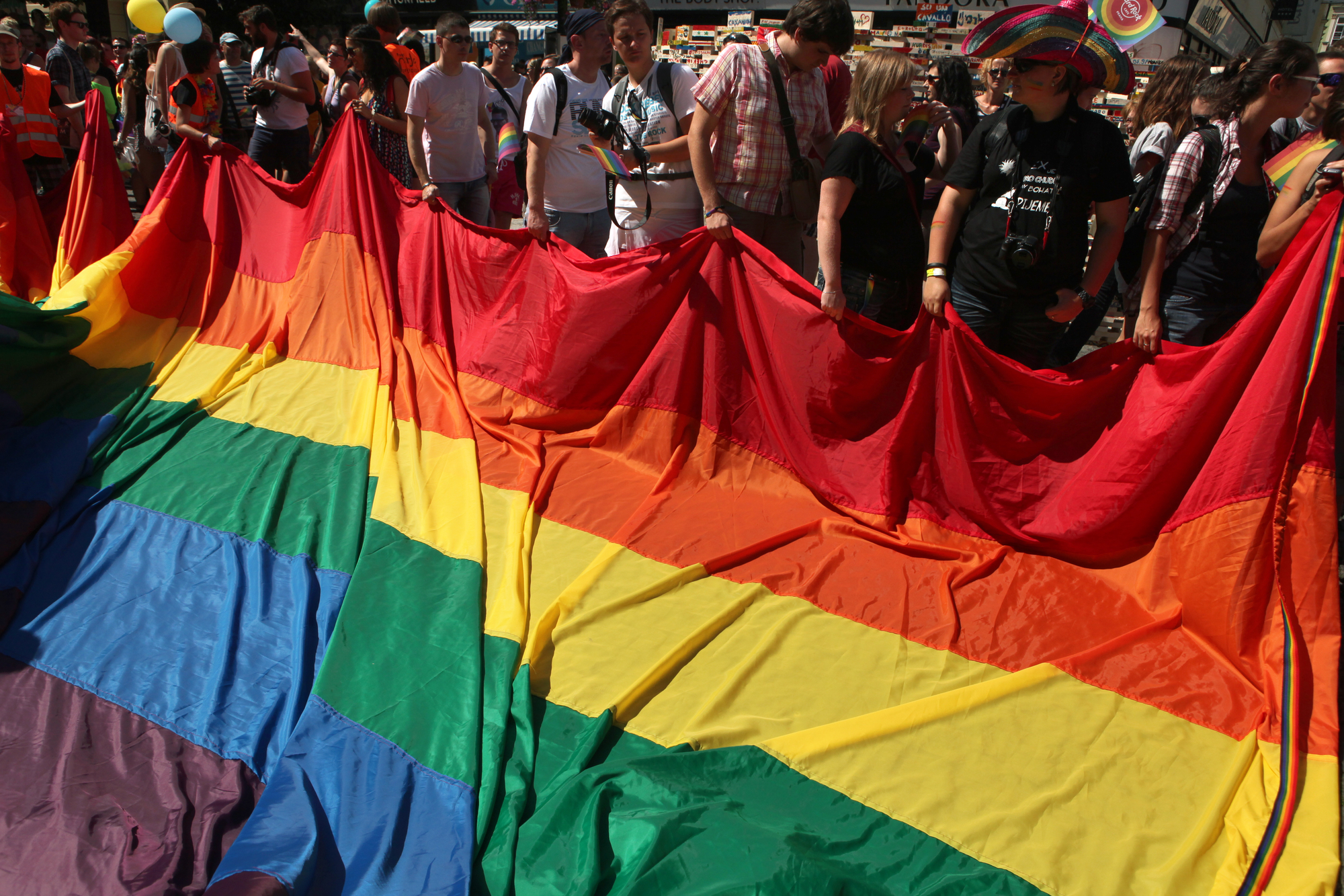 image of a queer pride flag at a pride festival